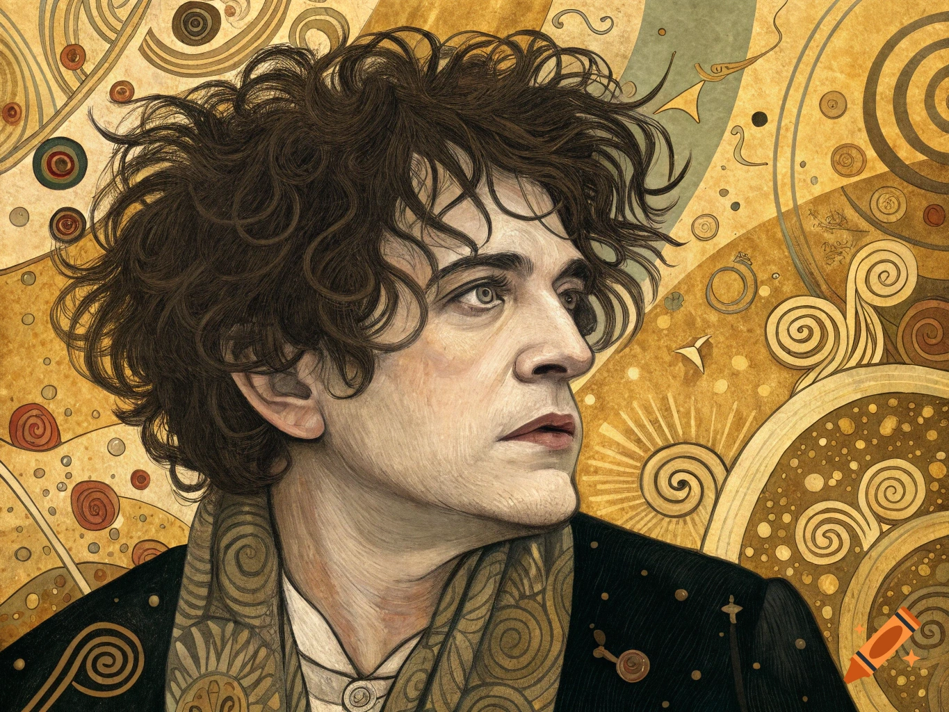 Portrait of a man resembling Robert Smith in the style of Gustav Klimt with an ornate, patterned background.