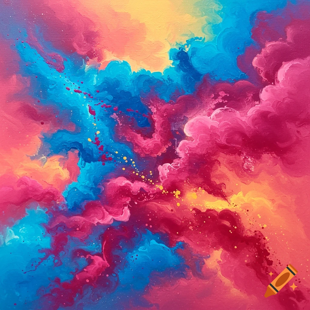 Abstract painting with swirling bright pink, blue, and yellow colors.