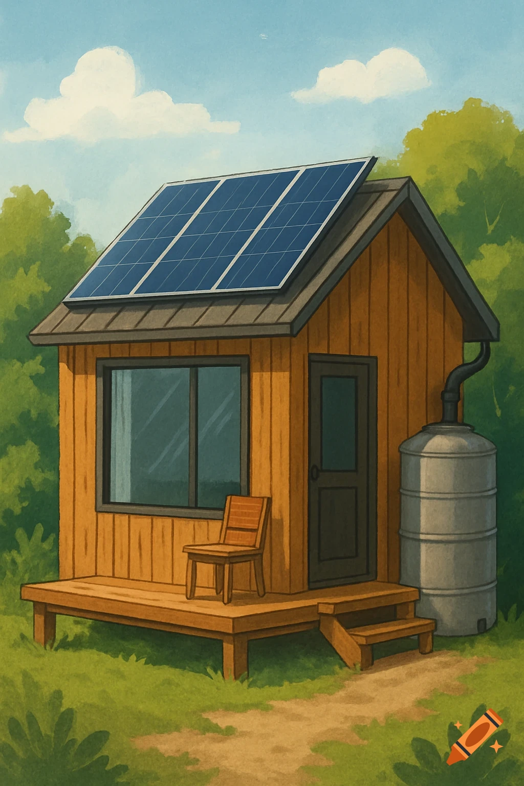 A tiny house with solar panels, a porch, and a rainwater tank.