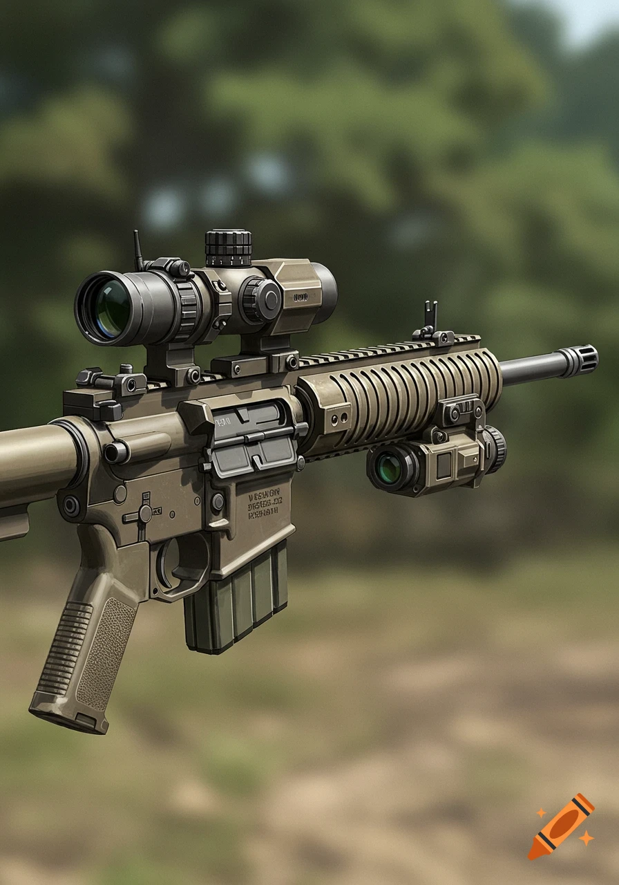 Close-up of a rifle with a scope.