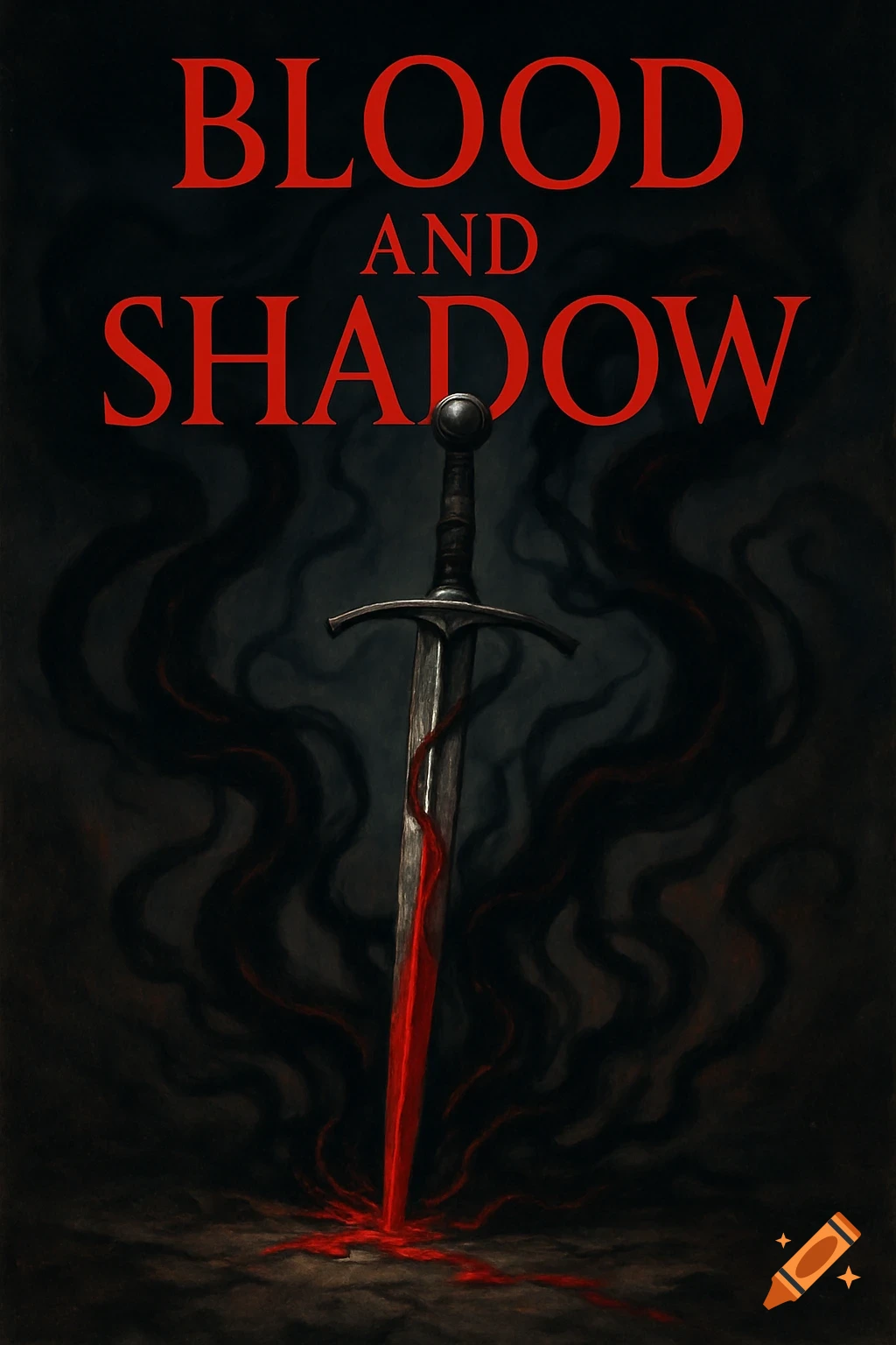 A sword with blood and shadows for a book cover titled BLOOD AND SHADOW.