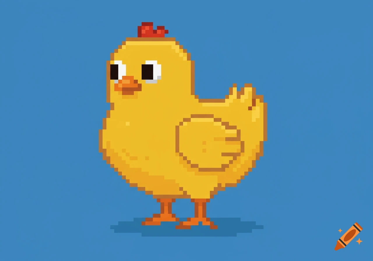 A yellow pixel art chicken stands on a blue background.