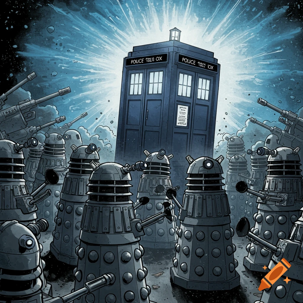 A TARDIS is surrounded by many Daleks.