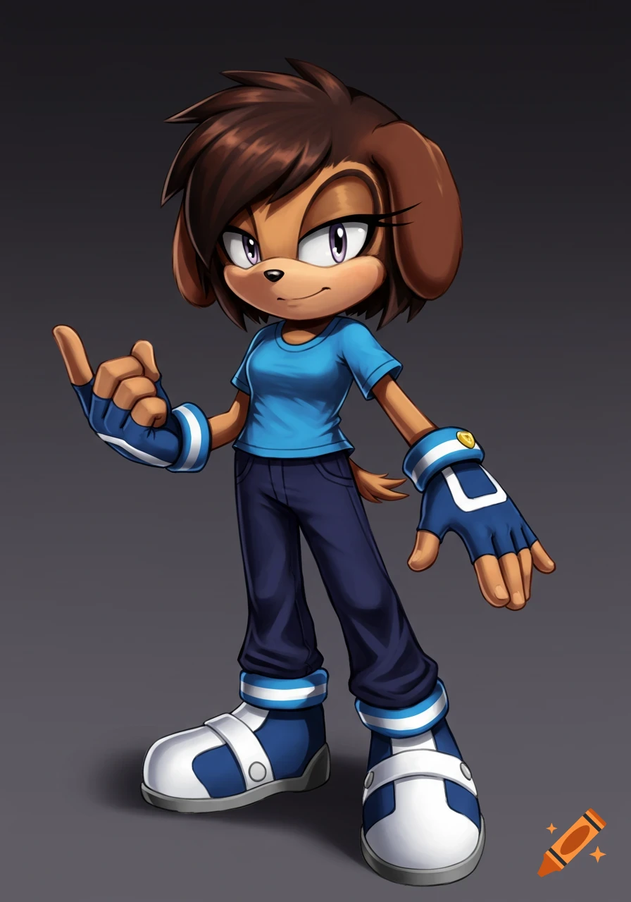 A Sonic the Hedgehog style female dog character in a blue shirt and dark blue pants, standing with one hand raised.