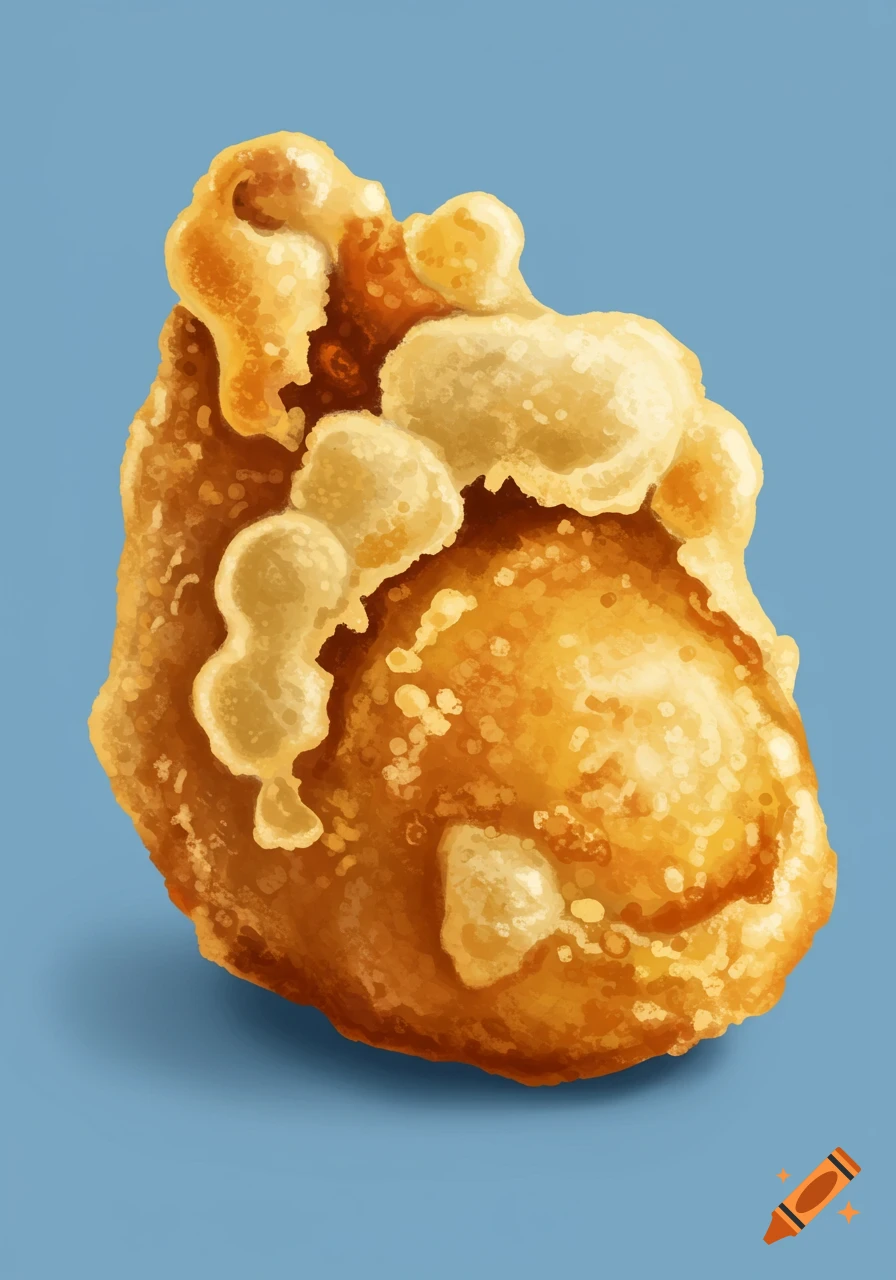 A close-up of a golden-brown fried object against a blue background.