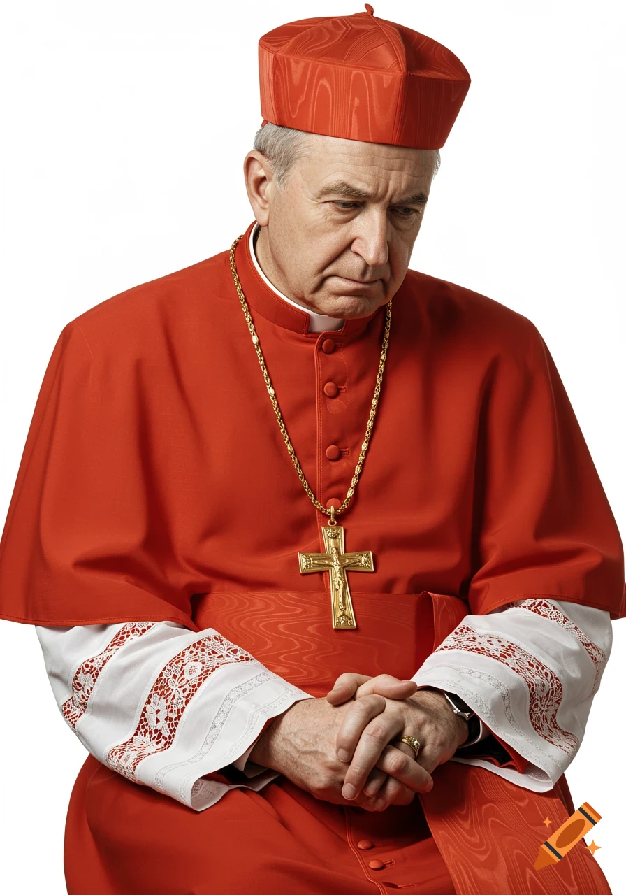 A photorealistic portrait of a Roman Catholic cardinal looking down, with hands clasped.