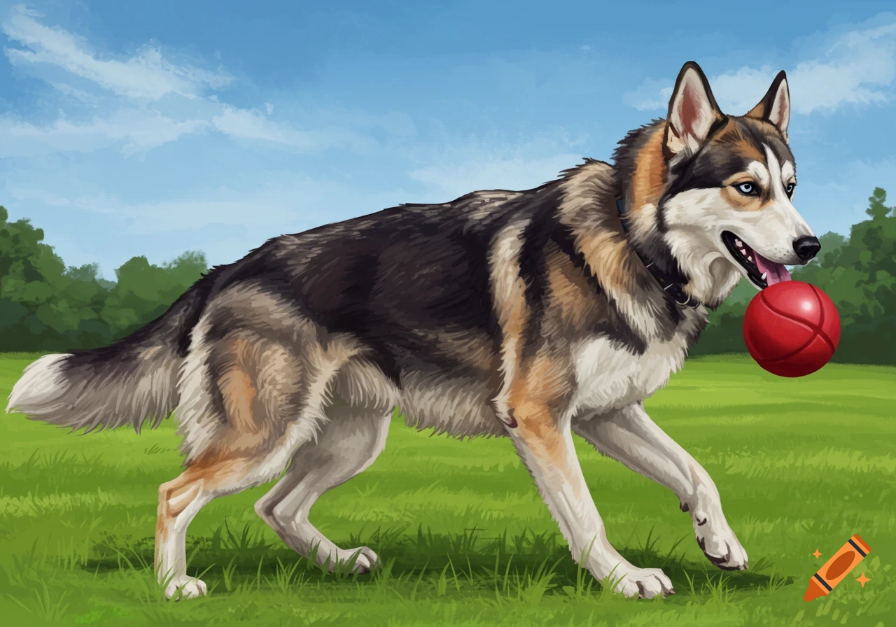 A husky german shepherd mix dog runs with a red ball in a grassy park.