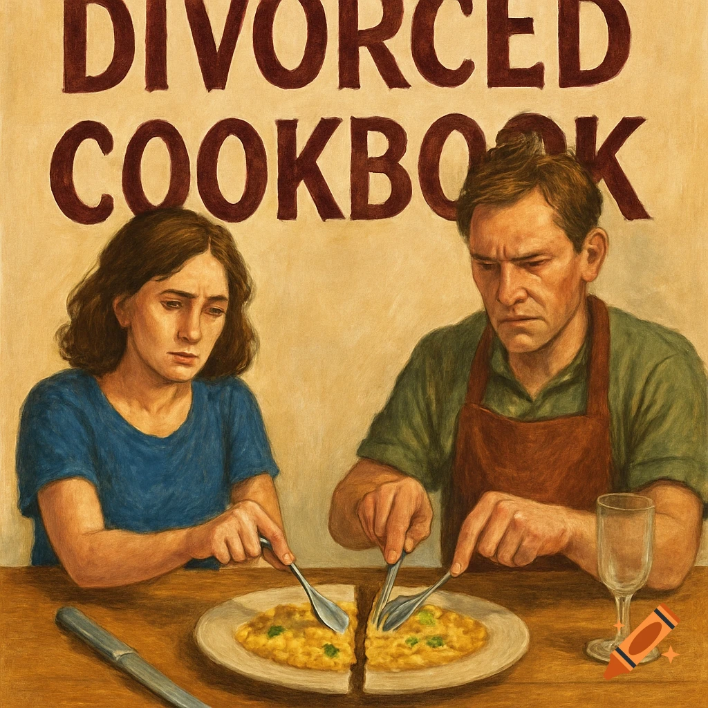 Image of a man and woman splitting a meal, with the text 'DIVORCED COOKBOOK' above them.