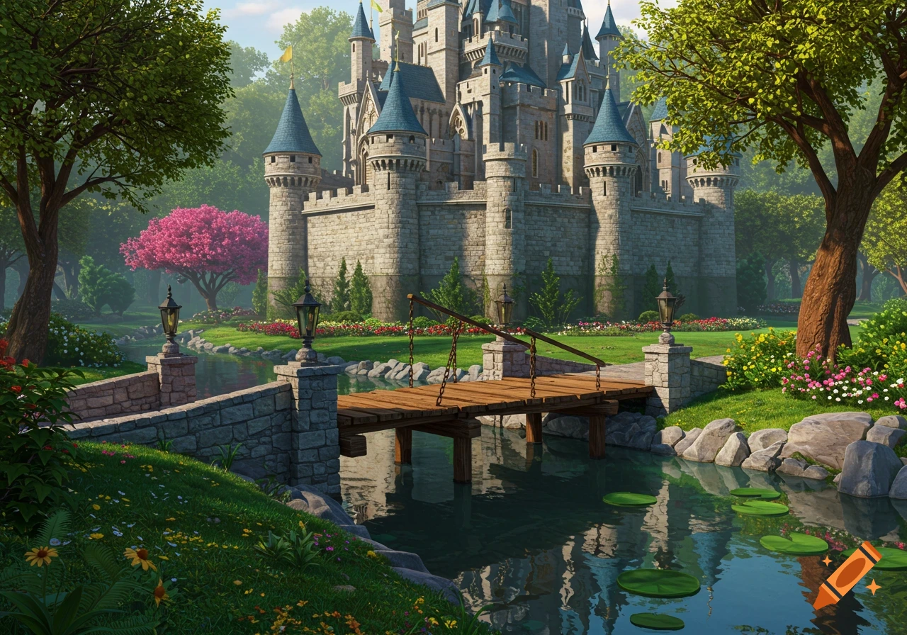 A fantasy castle with a moat and drawbridge.