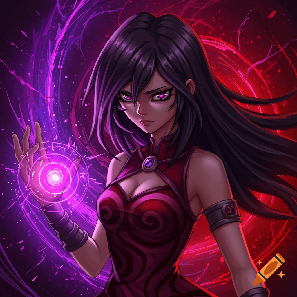 An anime woman with dark hair and purple eyes is holding a glowing purple energy orb. She is surrounded by swirling purple and red energy.
