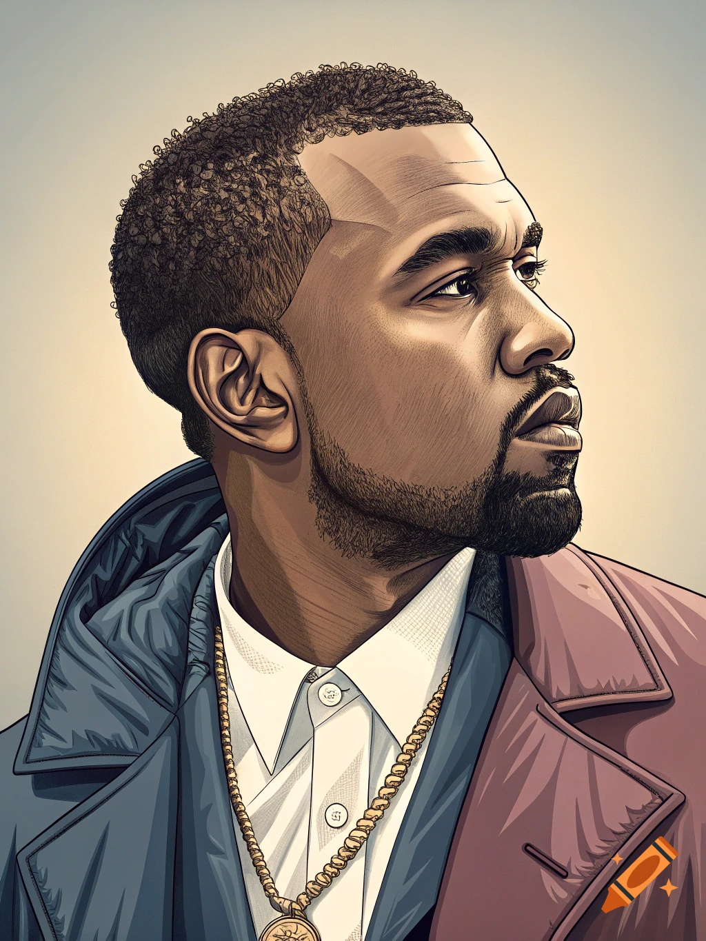 Stylized profile portrait of a man resembling Kanye West, wearing a white shirt, chain, and jacket.