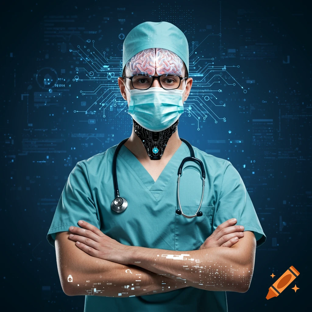 Futuristic AI doctor avatar with digital brain, circuit patterns, and stethoscope on a blue background.