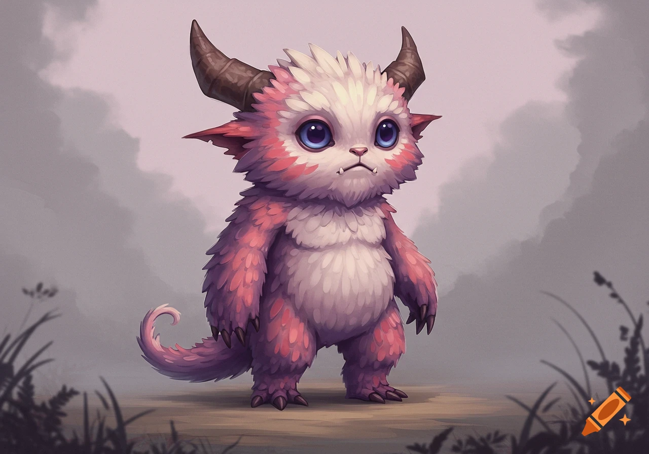 A cute pink furry monster with horns and large blue eyes.