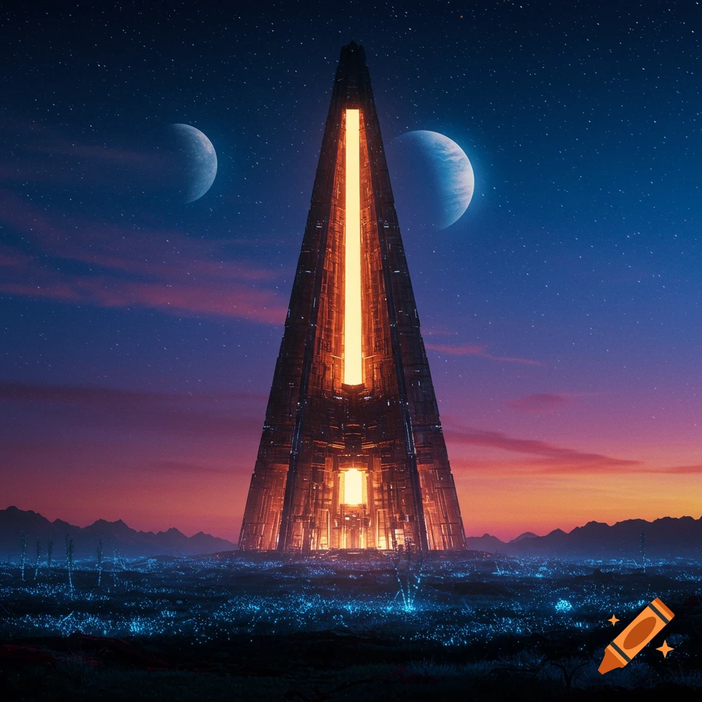 A futuristic tower glowing on an alien planet at night with two moons and starry sky.