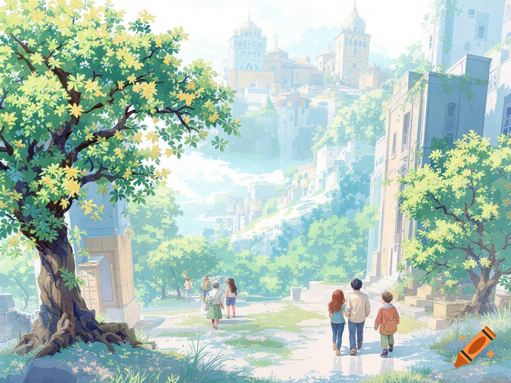 Illustration of a family walking on a path towards a distant city or castle on a hill.
