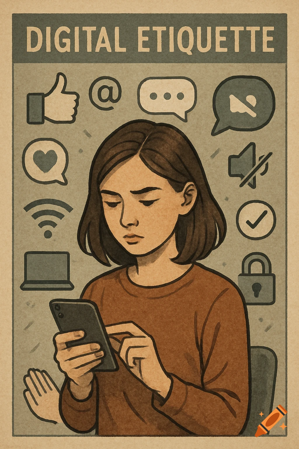 Illustration of a young woman looking at her phone surrounded by digital communication icons like like, chat, wifi, lock.