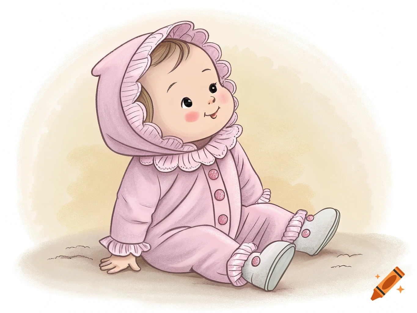A cute cartoon baby in a pink hooded outfit sits.