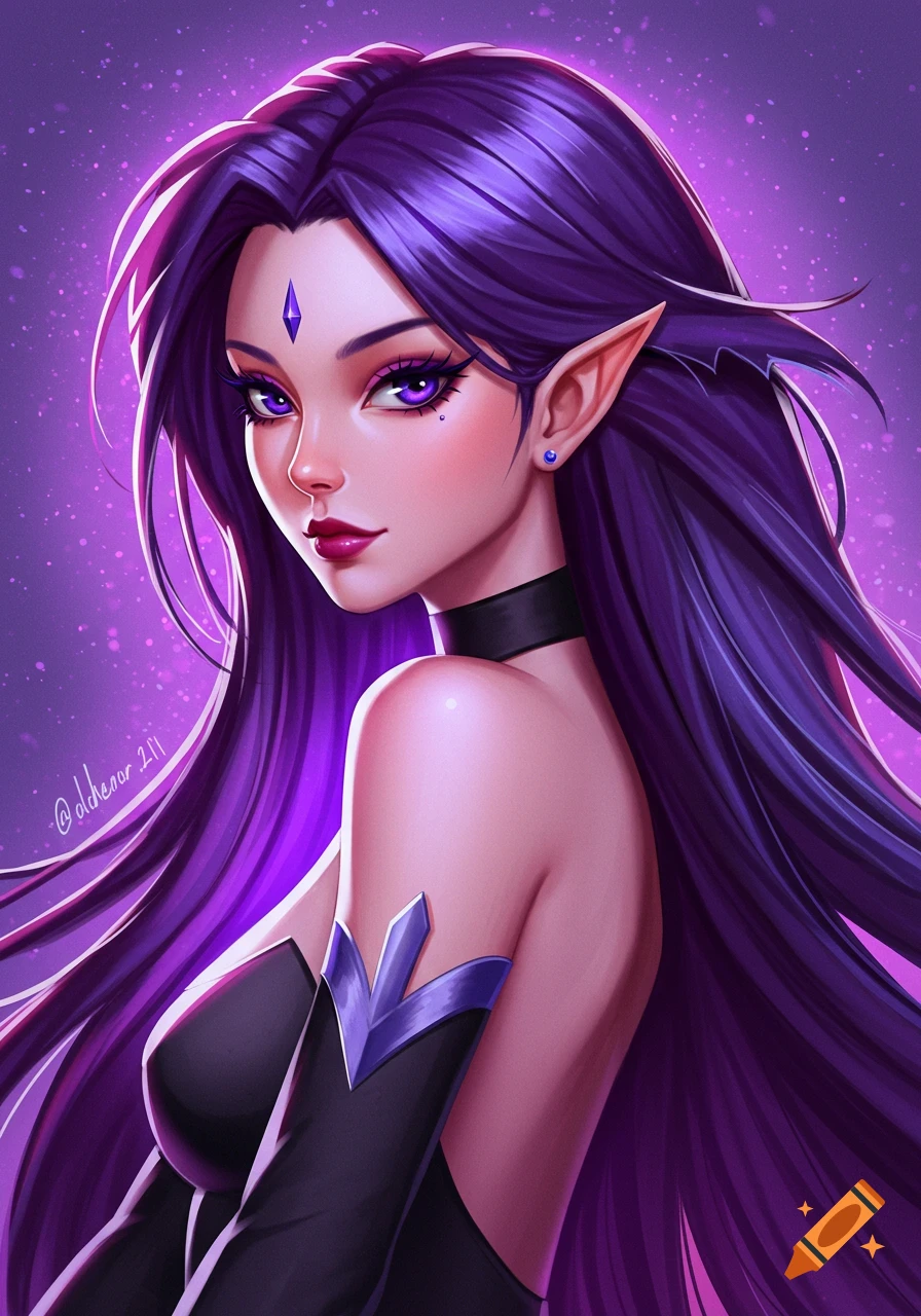An anime-style woman with long purple hair, purple eyes, and pointy ears, looking over her shoulder.