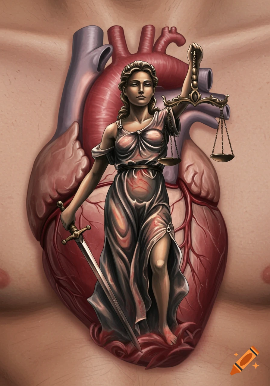 Lady Justice standing on a human heart against a torso.