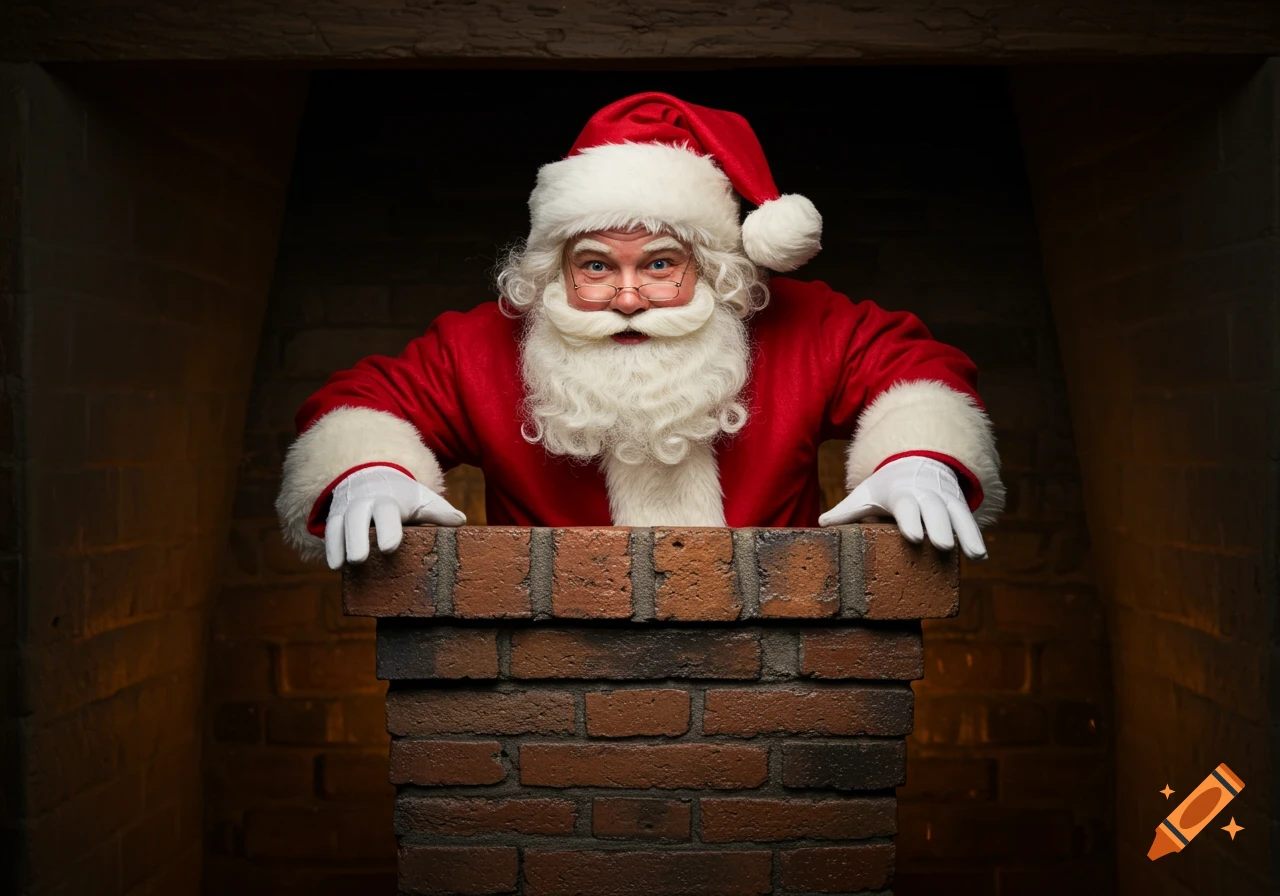 Santa Claus peeking out of a brick chimney