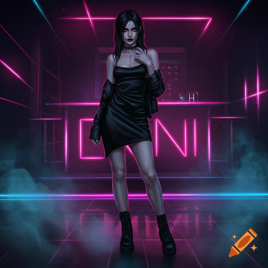 A woman in a black dress and jacket stands in a neon-lit club.