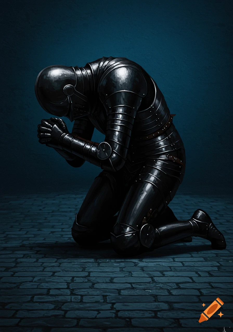A person in black armor kneels on a brick floor.