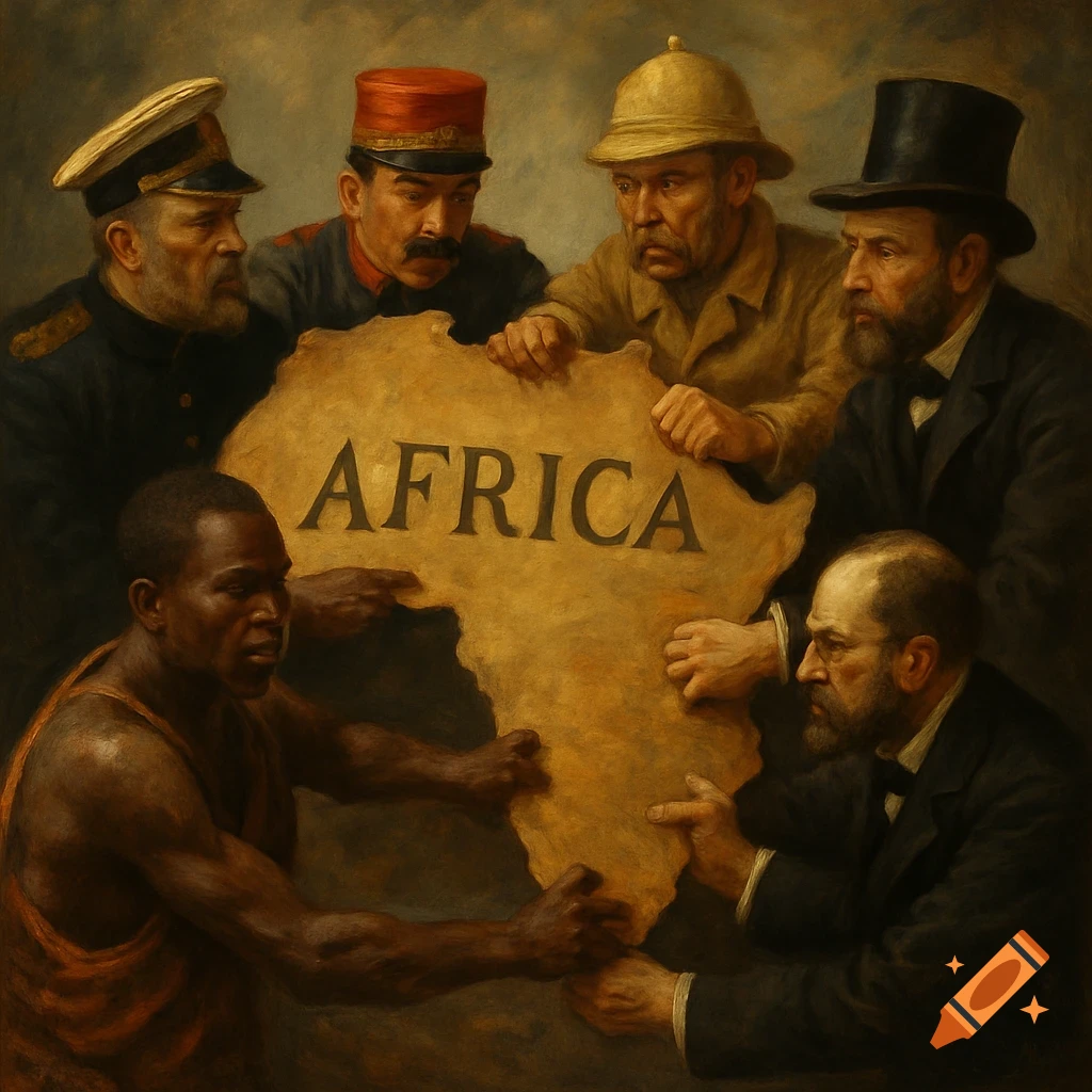 Painting of diverse figures gathered around a map of Africa, representing the struggle for control of the continent.