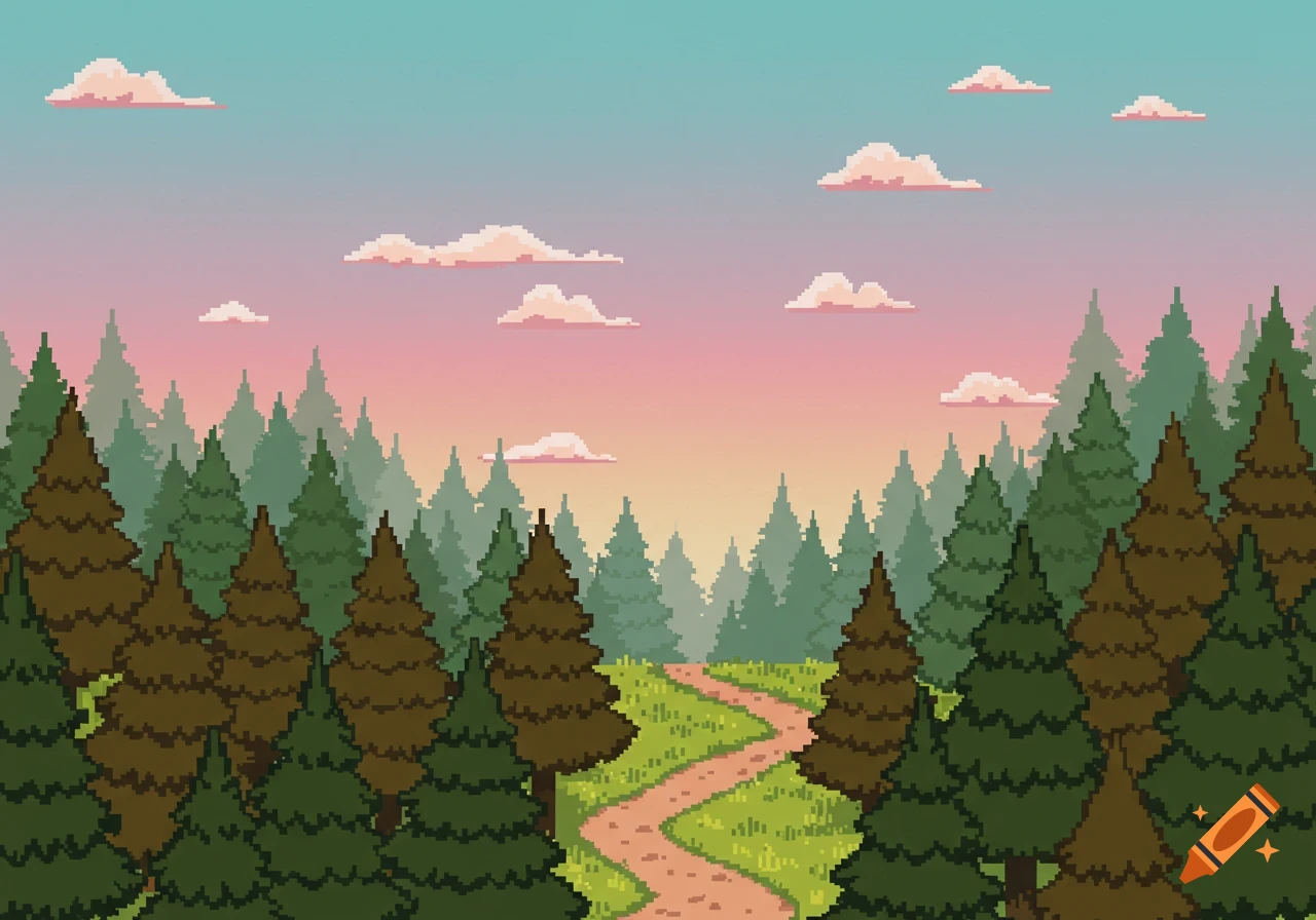 Pixel art landscape of a forest path winding through trees under a colorful sky.
