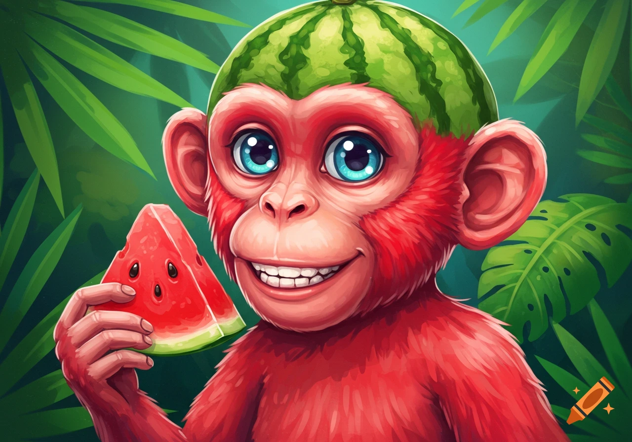 Cartoon red monkey with a watermelon hat holds a watermelon slice.