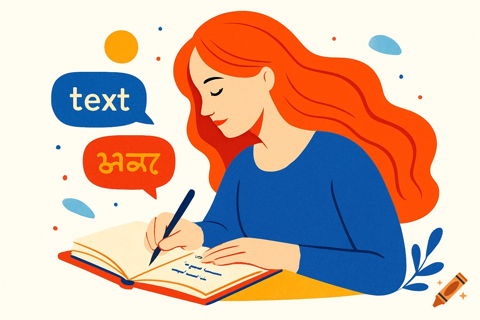 Illustration of a woman writing in a book with speech bubbles above, in a flat design style.