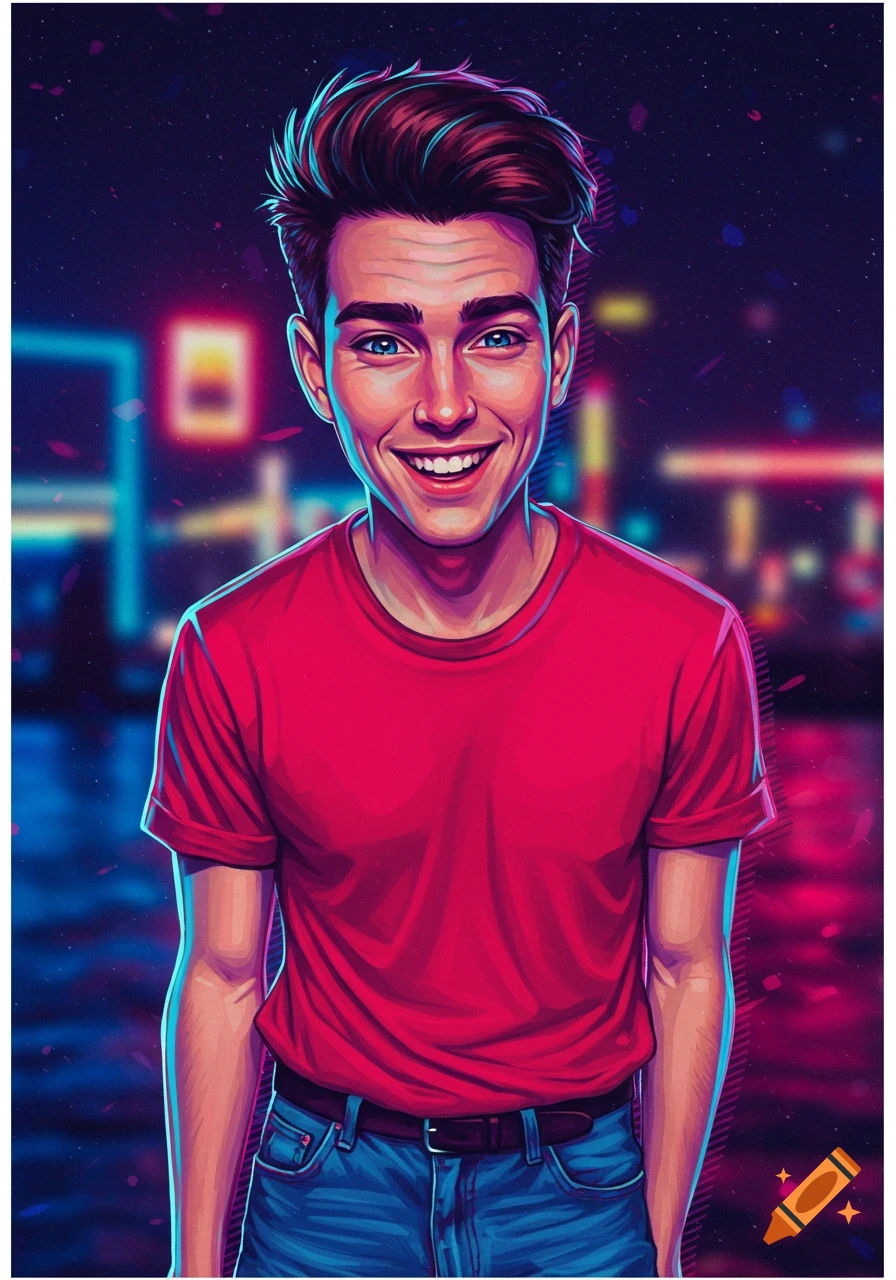 A smiling young man in a red t-shirt against a blurry neon city background.
