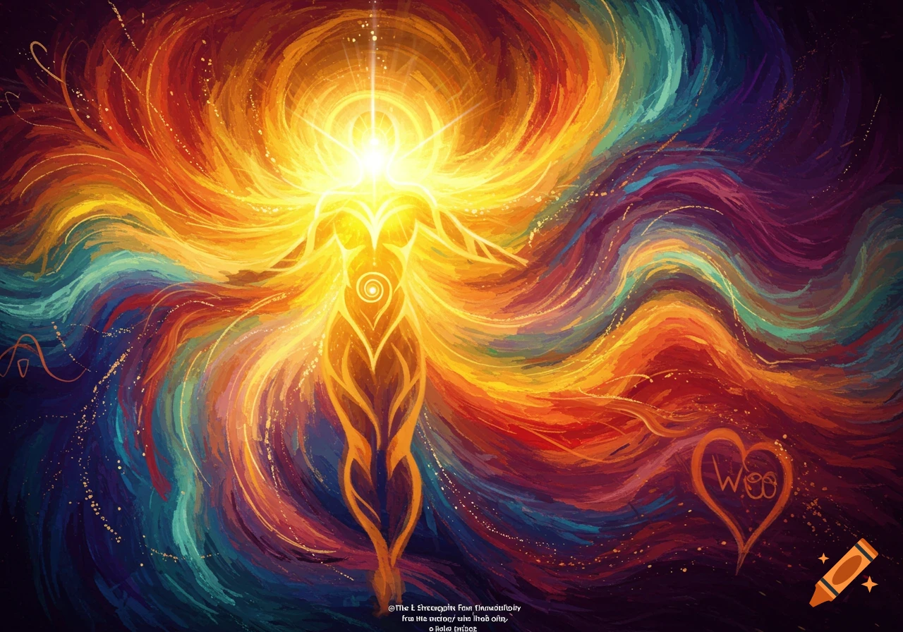 Abstract representation of a glowing figure radiating light and energy, surrounded by colorful swirling patterns.