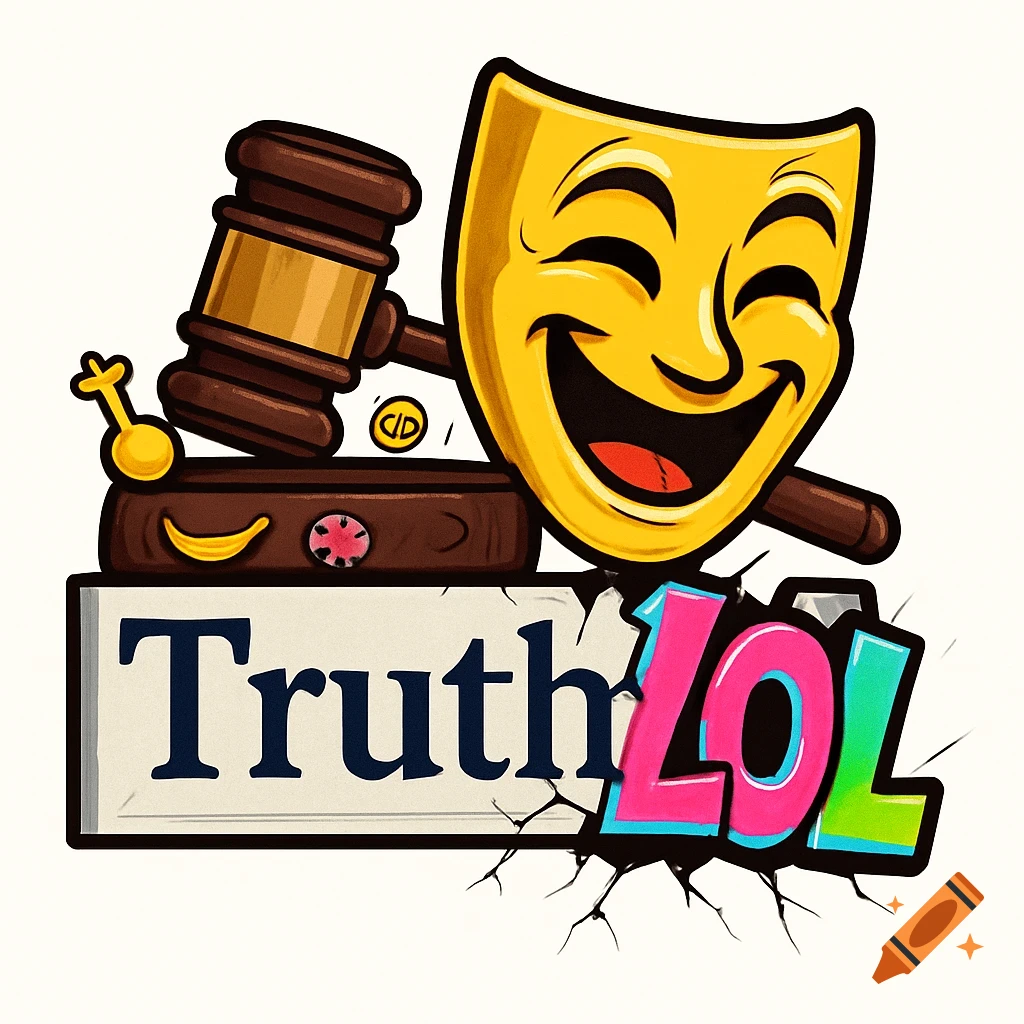Cartoon logo with a comedy mask, gavel, and book, featuring text 'Truth LOL'.