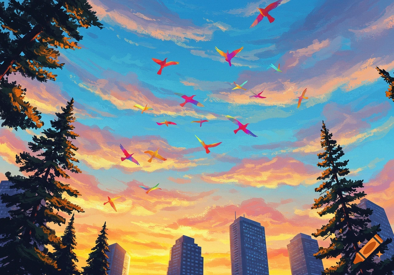 Colorful birds flying above a city skyline and pine trees at sunset with vibrant orange and blue clouds.