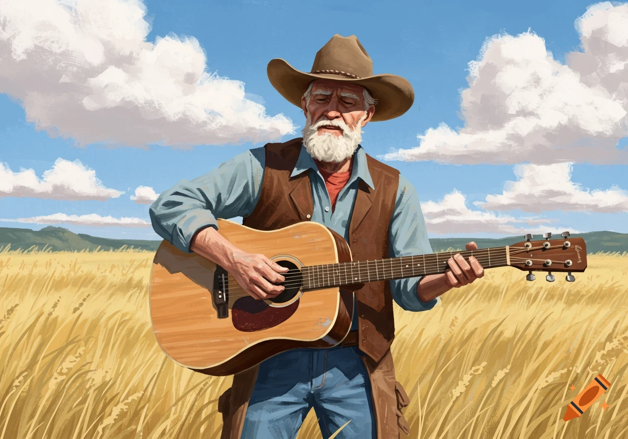 An old cowboy playing acoustic guitar in a field