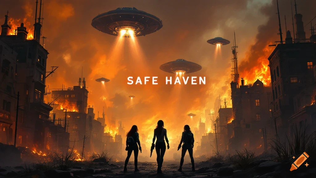 Apocalyptic city on fire with UFOs overhead and three figures in silhouette below, text 'SAFE HAVEN'