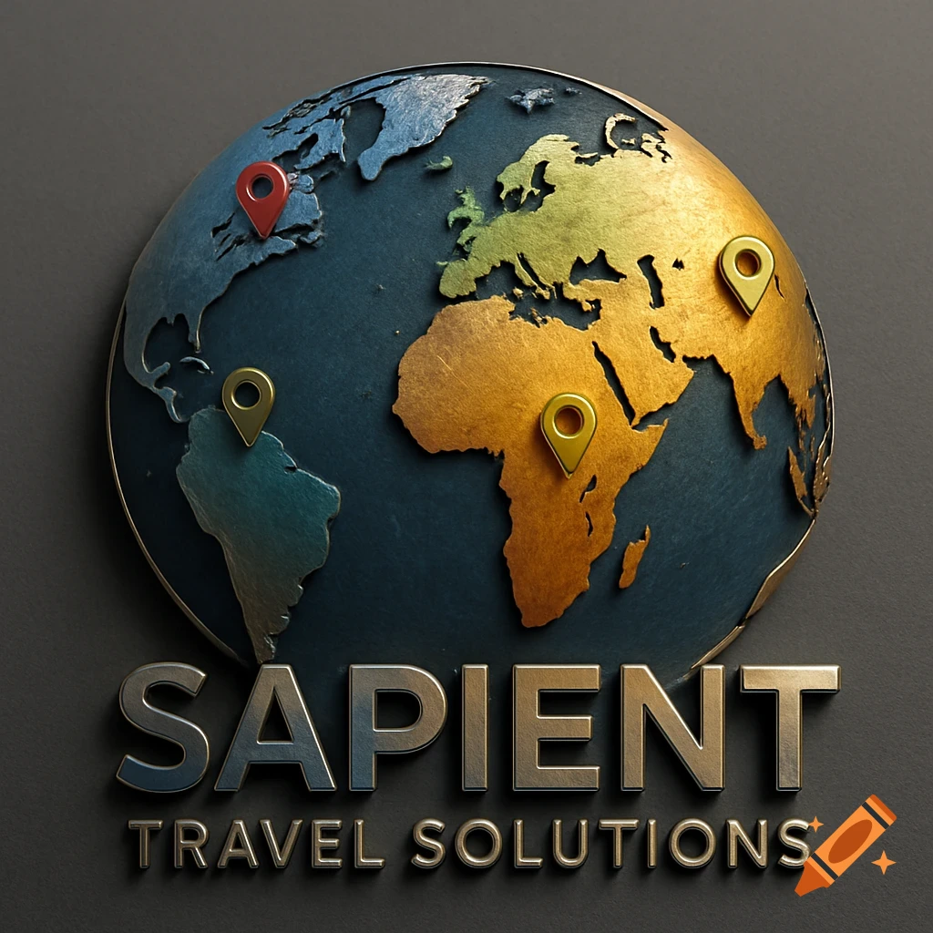 A 3D render of a globe with travel pins and the text "SAPIENT TRAVEL SOLUTIONS" below.