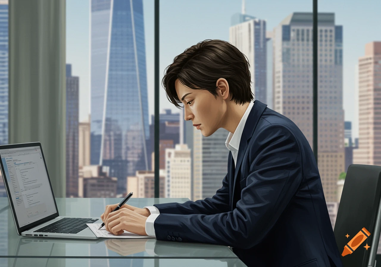 A person in business clothes working at a desk with a laptop and paper, with a city skyline in the background.