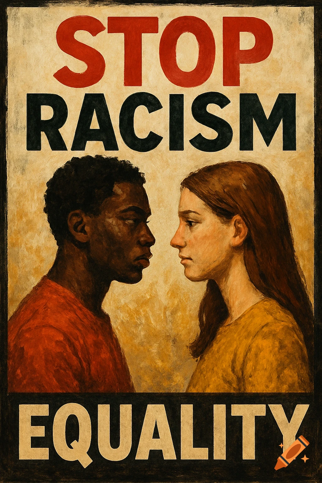 Poster with text STOP RACISM EQUALITY and portraits of a Black man and white woman looking at each other.