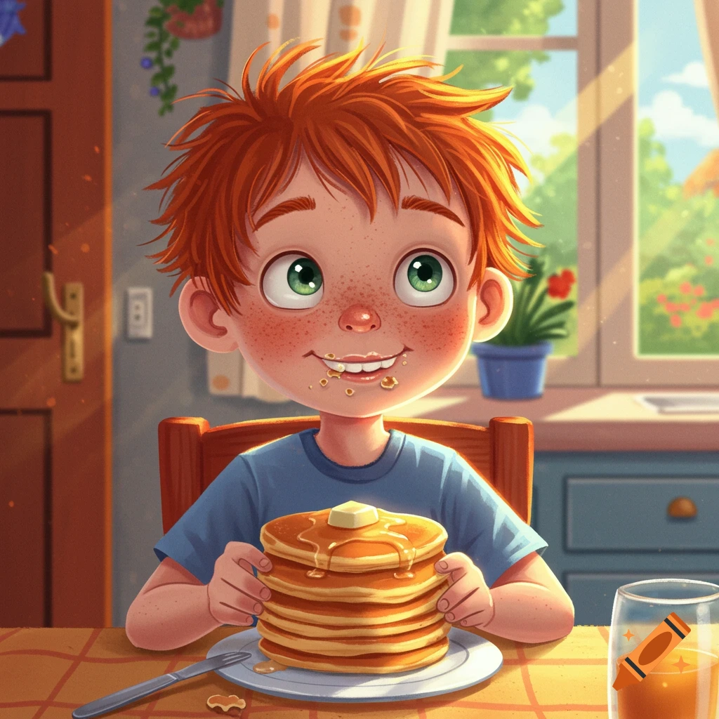 Illustrative image of a red-haired boy happily eating pancakes at a kitchen table.