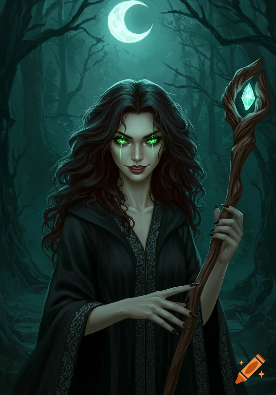 A witch with glowing green eyes holds a staff in a dark forest under a crescent moon