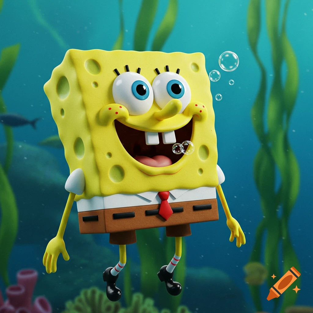 Spongebob Squarepants smiling underwater with bubbles and seaweed.