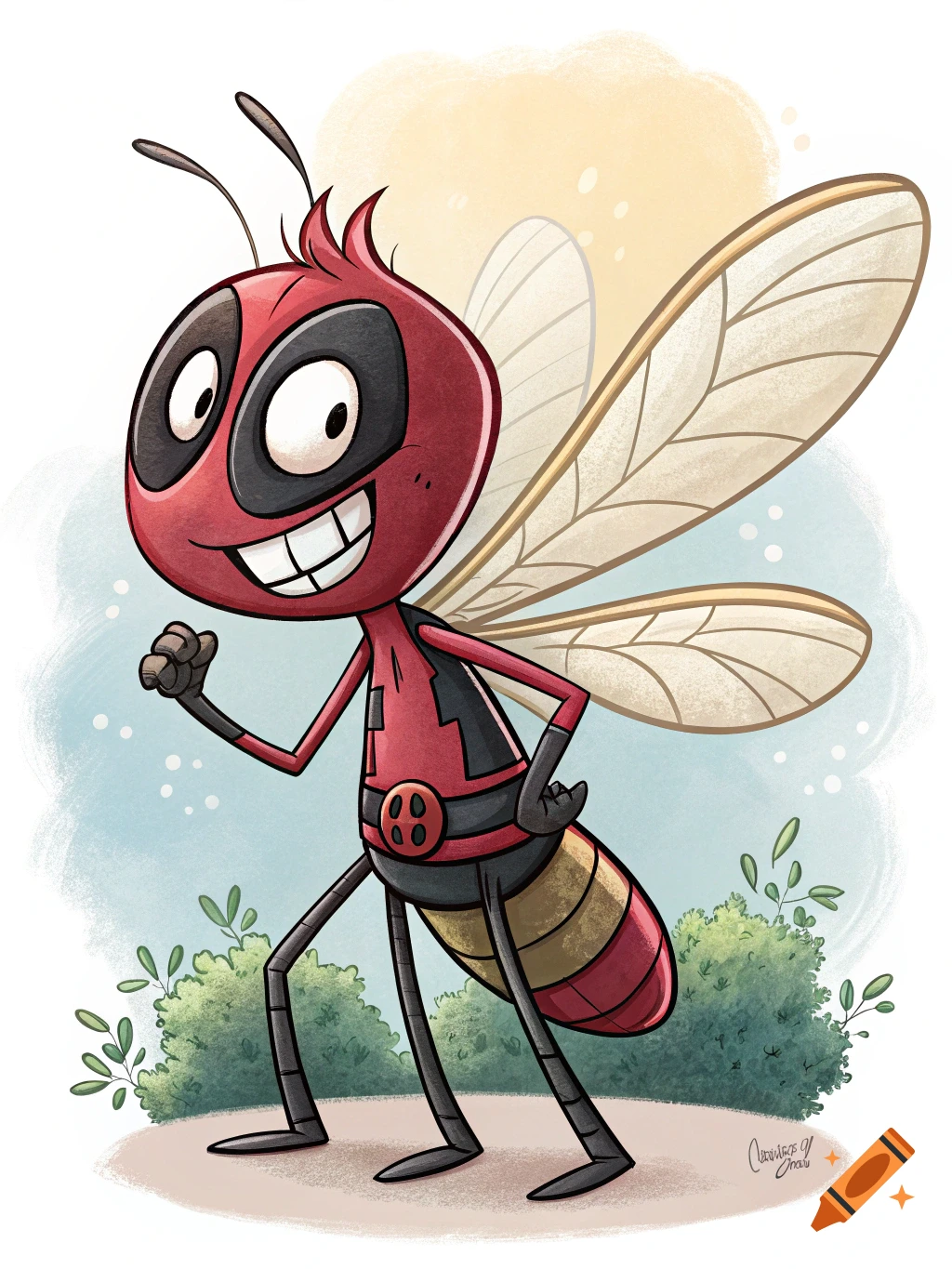 Cartoon red and black mosquito character with a Deadpool face, standing outdoors.