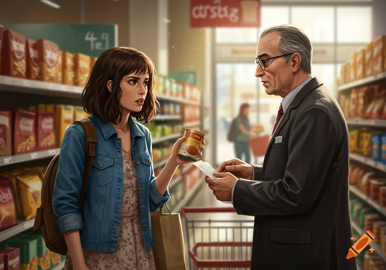 A woman shows a canned good to a man in a grocery store.