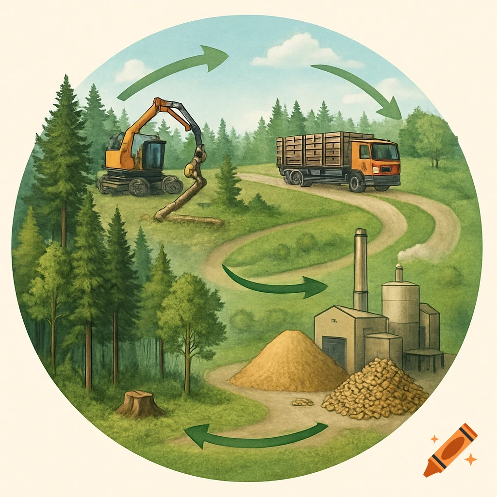 Illustrative diagram showing the forest biomass supply chain cycle: logging, transport by truck, and processing at a factory, within a circular design.
