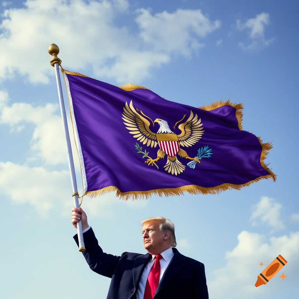 Donald Trump holds a purple flag with a golden eagle emblem against a cloudy sky.
