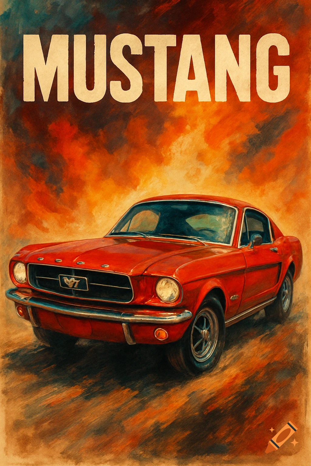 Poster of a red Ford Mustang with an orange background and 'MUSTANG' text at the top.