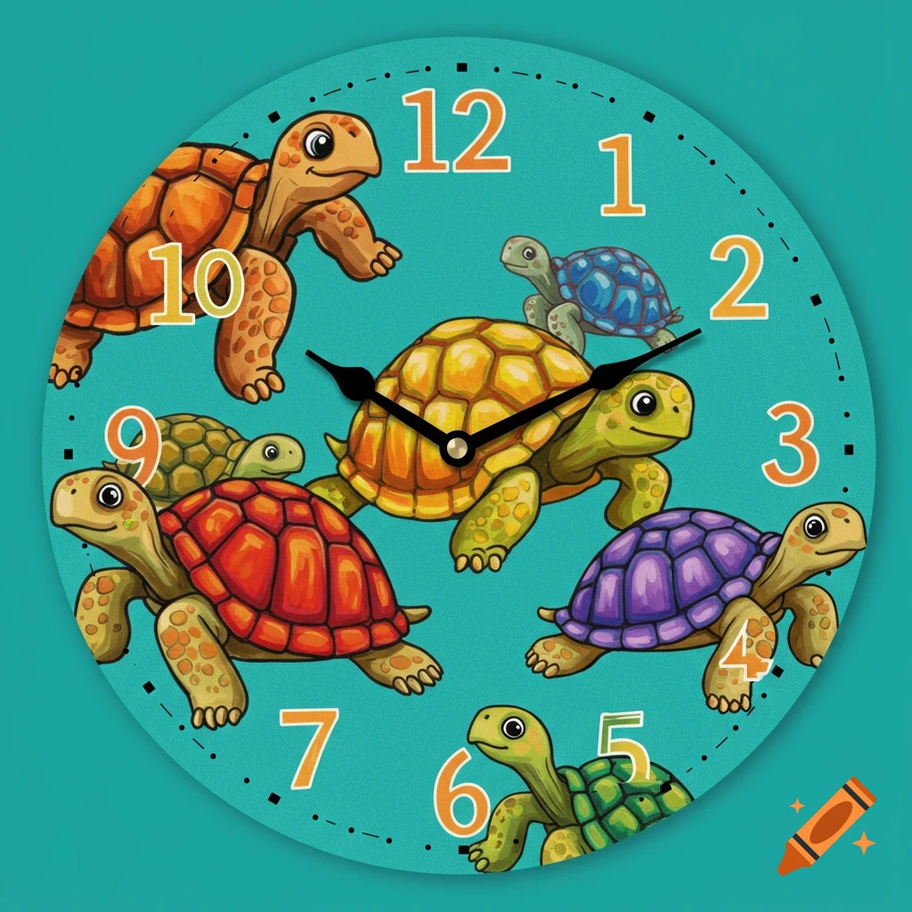 A teal clock face features cartoon turtles where the numbers typically appear.