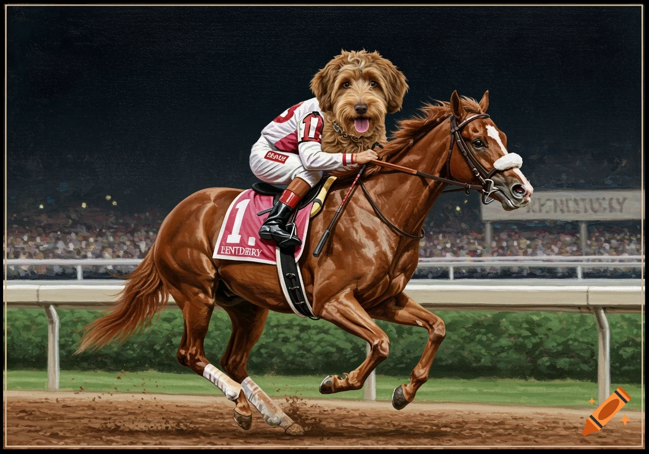 A dog wearing a jockey's silks rides a horse during a race in a painted style.