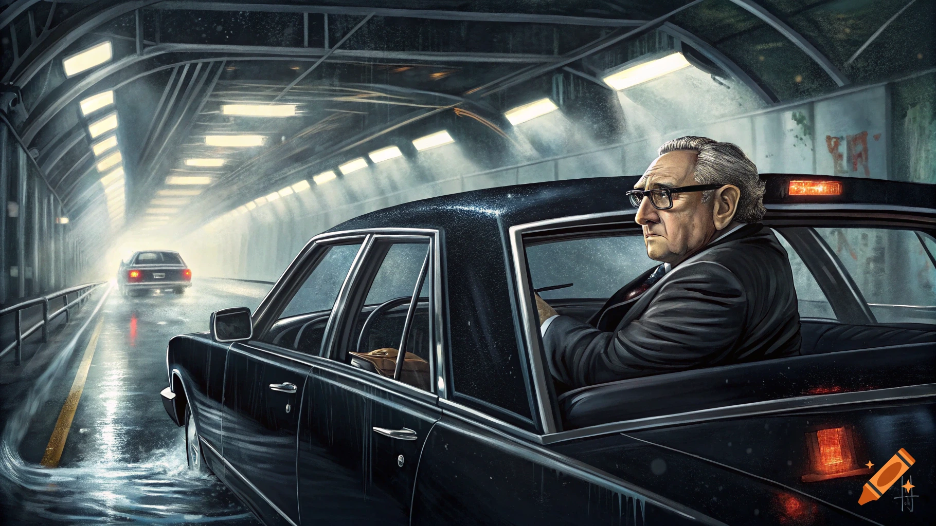 A man resembling Henry Kissinger is in the back of a black car driving through a wet tunnel.